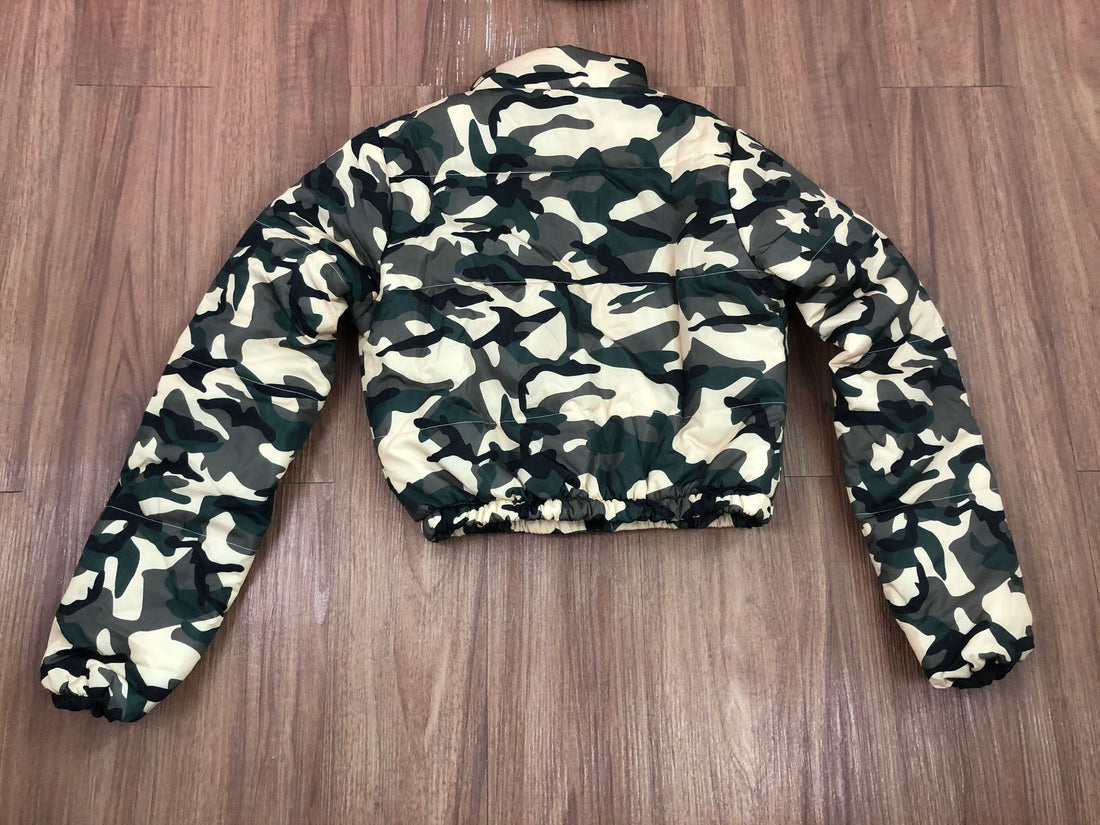 Green camouflage down jacket