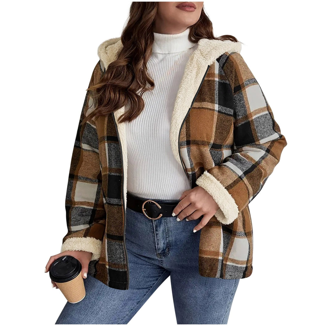 Plaid Printed Coat Fleece-lined Composite Hooded
