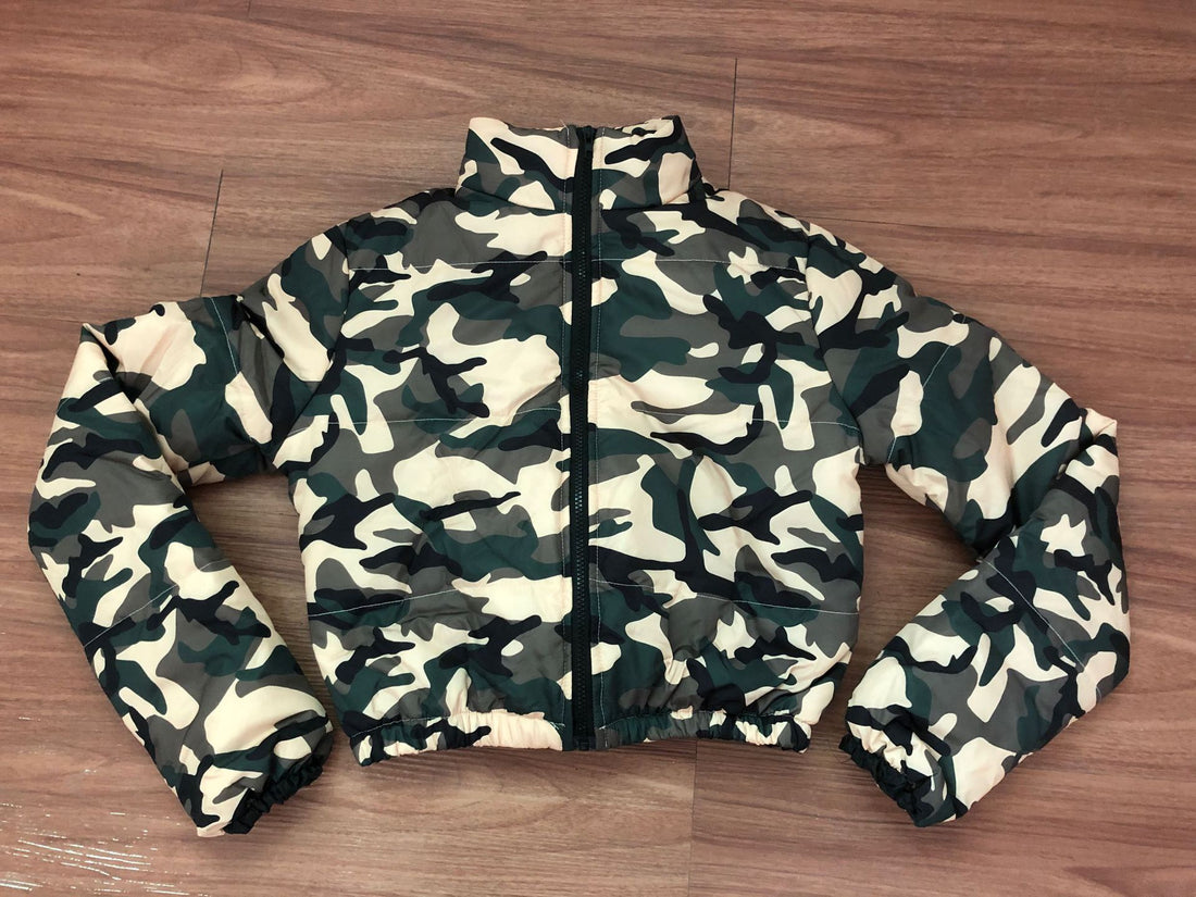 Green camouflage down jacket