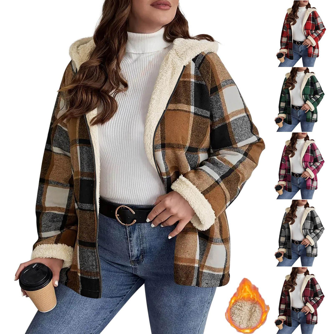 Plaid Printed Coat Fleece-lined Composite Hooded