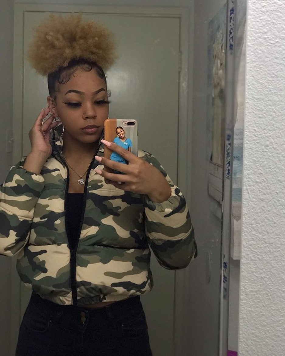 Green camouflage down jacket